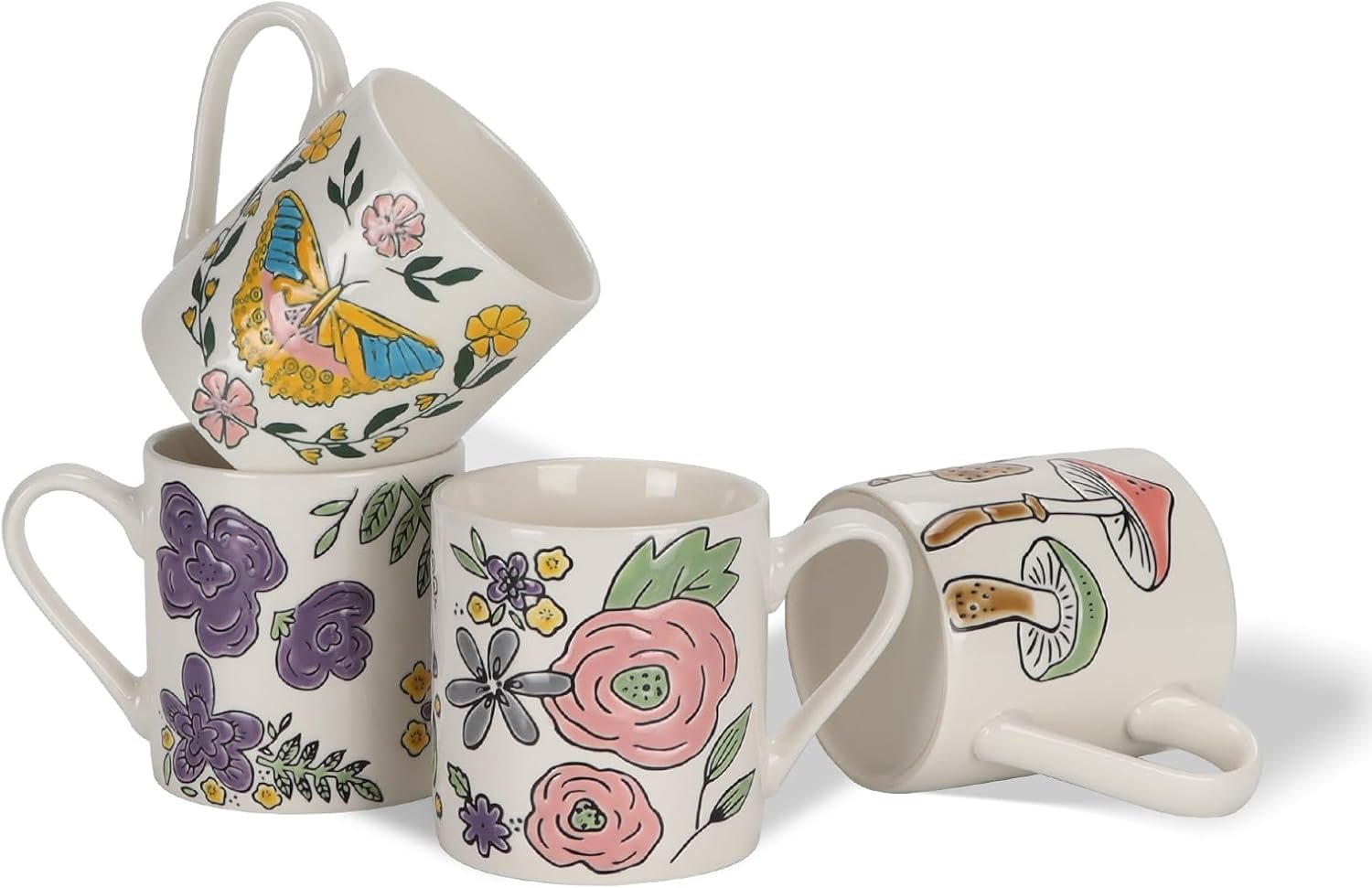 11 oz Ceramic Coffee Mugs Set of 4, Porcelain Coffee Cups with Handle for Tea, Latte, Cocoa, Cappuccino, Milk, Dishwasher&Microwave Safe, Plant Patterns