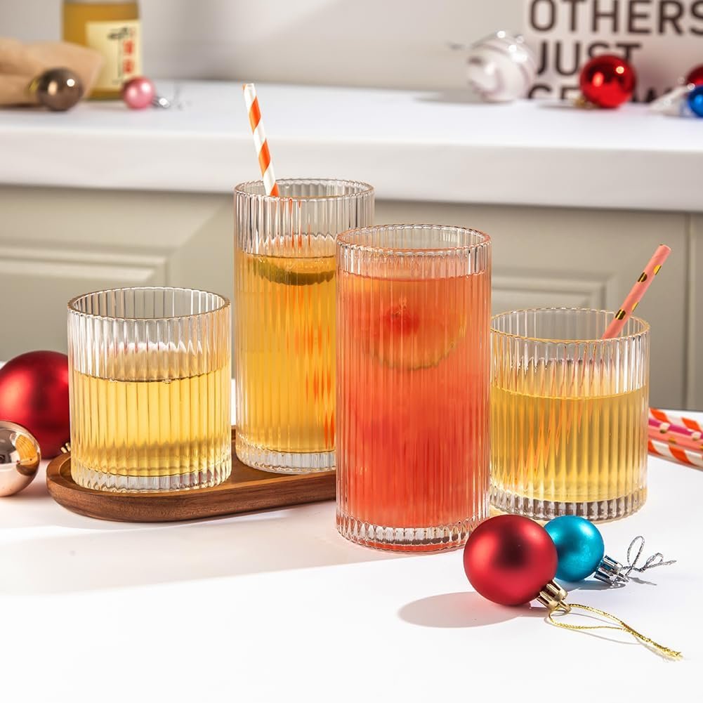 Ribbed Drinking Glasses 8pcs, 12oz and 10oz Glassware, Tumbler Glasses Cup Set for Wedding, Party, Christmas Gift, Clear - Image 2