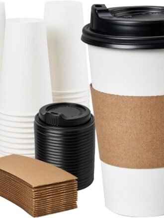 Disposable Coffee Cups with Lids 16 oz 50 Pack, Coffee cups with Lids and Sleeves, To Go Coffee Cups, Hot Paper Cups for Hot Beverages in Party, Family, Office, Upgraded