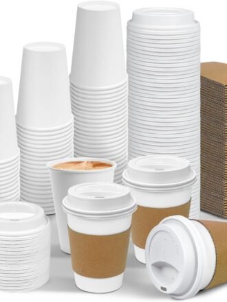100 Pack 12 oz Leak-Proof Coffee Cups with Lids and Sleeves Disposable To Go Hot Travel Paper Cups, Hot Chocolate, Cocoa, Coffee Bar Supplies