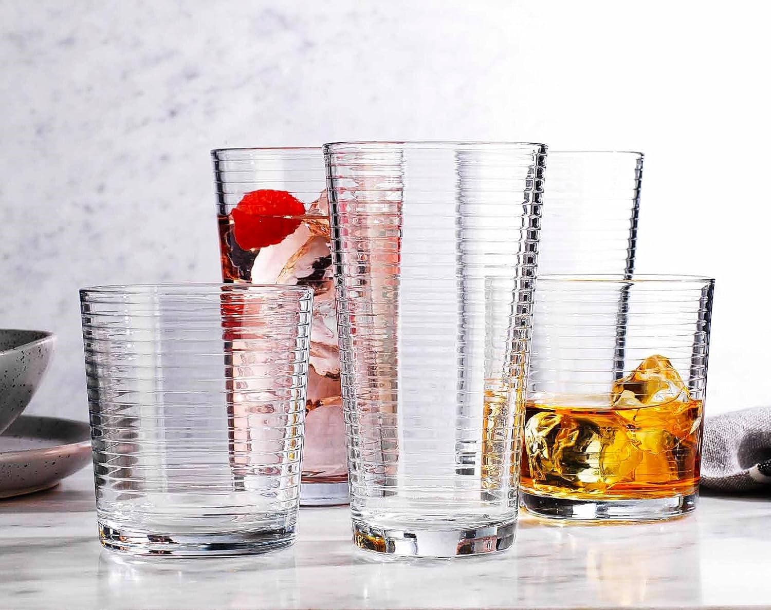 Drinking Glasses Set of 12. Everyday Drinking Glasses. Mixed Drinkware Sets 6-17 oz Tall Kitchen Glass Cups, and 6-13 Oz Rocks Glasses. Ribbed Glassware Sets for Cocktail Beer Juice Water. - Image 2