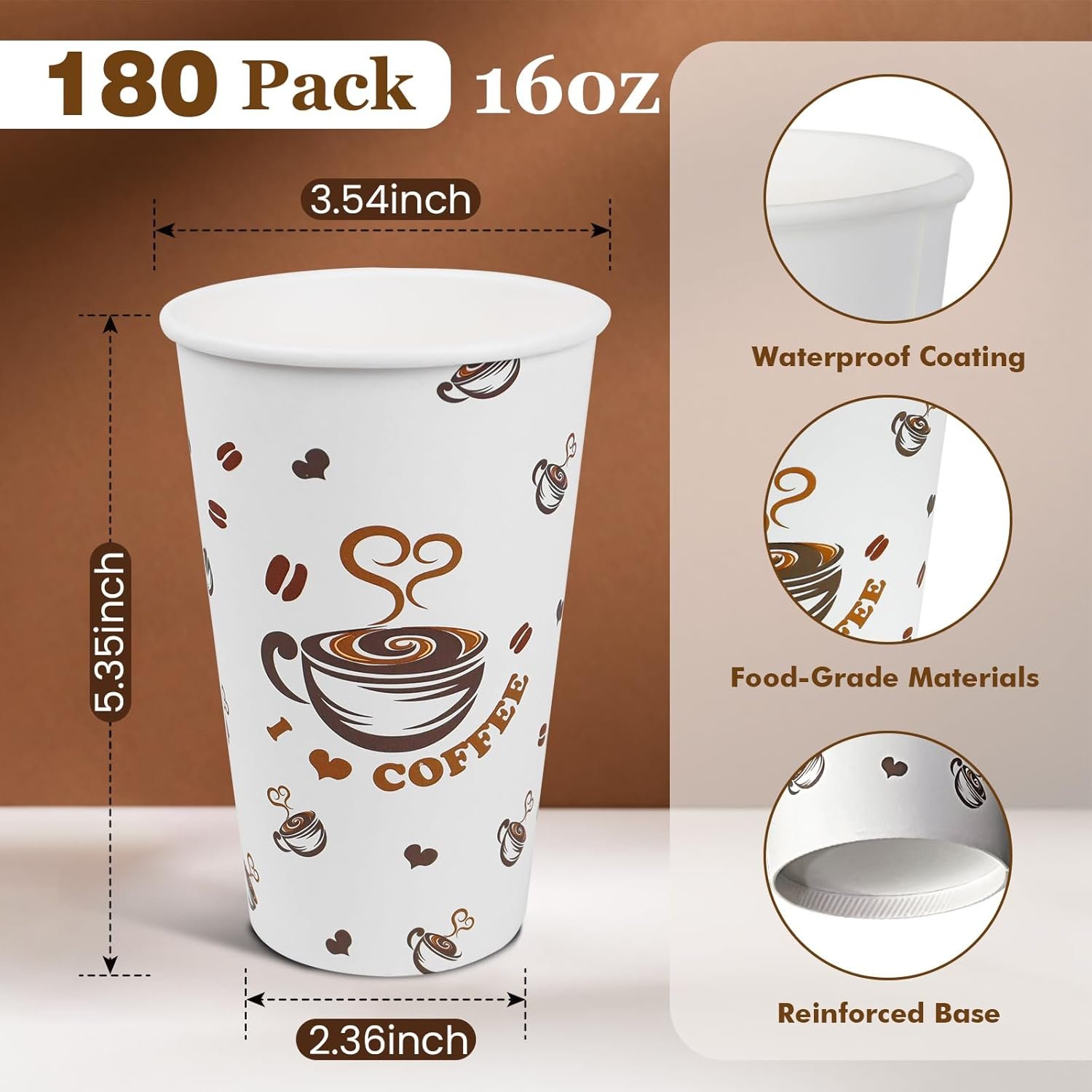 180 Count 16 oz Disposable Coffee Cups | Thickened Leak-Proof Paper Cups | Perfect for Hot Beverages, Coffee Bars, Parties, Cafes, Office and Daily Use - Image 2