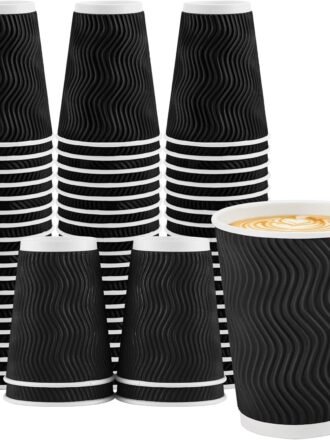 Coffee Cups 12 oz 50 Pack, Black Disposable Coffee Cups, Corrugated Paper Cup 12 oz, Ripple Wall Insulated Water Cup Without Lids for Hot Beverage (Black, 50 Pack, 12 OZ)