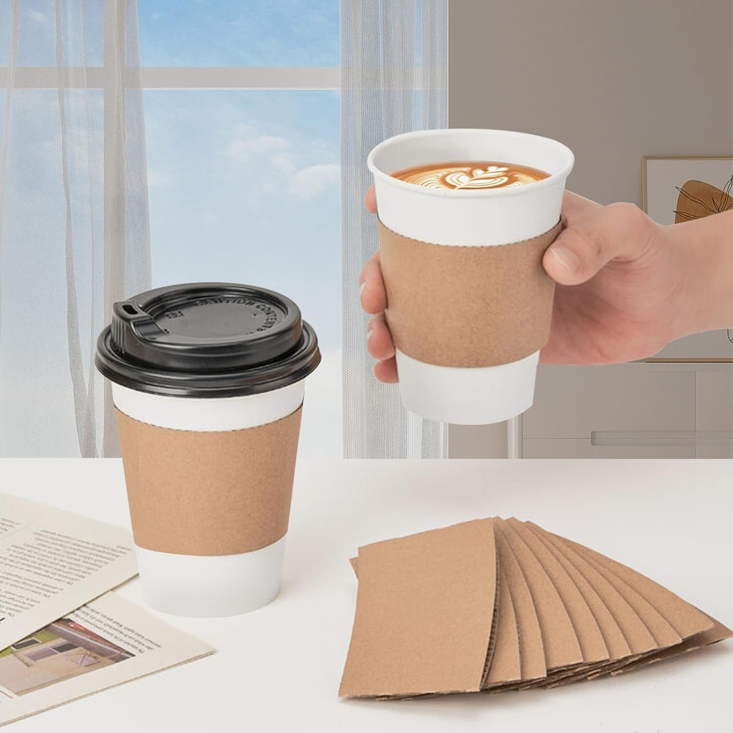 12 oz 50 pack Disposable Paper Coffee Cups with Lids and Sleeves - Image 2