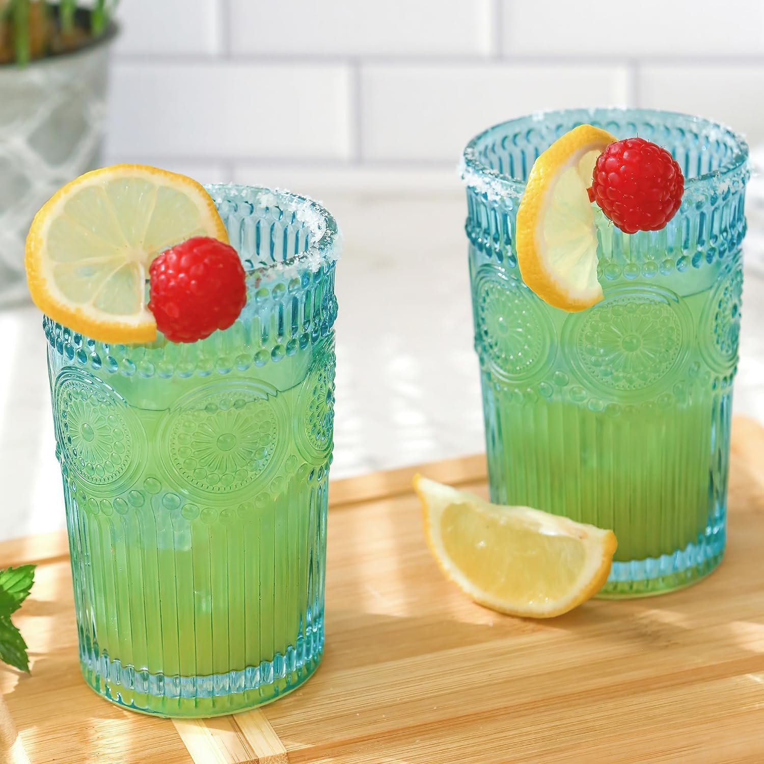 24PCS Textured Aqua Blue Striped Drinking Glasses, (13 oz) Vintage Glassware Set Cocktail Glass Set, Juice Glass, Water Cups | Hostess Gift, Present for Newlyweds or New Home Owners - Image 2