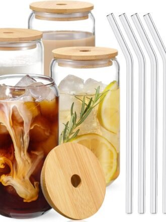 Drinking Glasses with Bamboo Lids and Glass Straw 4pcs Set - 16oz Glass Cups, Iced Coffee Glasses, Cute iced Tea Glasses, Beer Glasses, Ideal for Coffee Bar Accessories, Aesthetic Gift - 2 Brushes