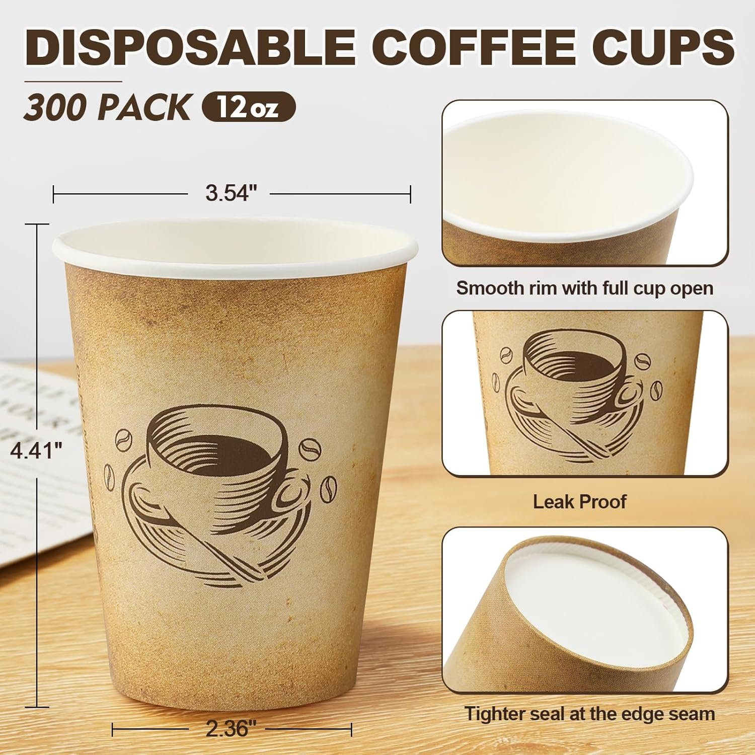12 oz 300 Pack Disposable Paper Coffee Cups, Hot/Cold Beverage 12oz Disposable Coffee Cups, Retro Design, Leak-Proof, Hot or Cold Drink, Cocoa, Chocolate, Coffee Bar Supplies - Image 2