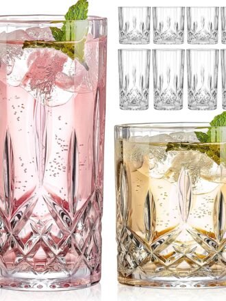 Drinking Glasses, 8 Piece Crystal Glass Cups, Mixed Glassware Set, 4 pcs Crystal Old Fashioned 11oz Highballs and 4 pcs 11oz Whiskey Glasses, Great for Cocktail, Whisky and other Beverages