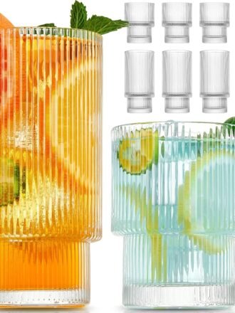 Small 8 Pack Drinking Glasses, 4pcs Highball Glasses (11oz) & 4pcs Rocks Glasses (6oz), Vintage Glass Cups, Elegant Ribbed Glassware, Iced Coffee Glasses, Glass Tumbler for Cocktail, Whiskey, Juice
