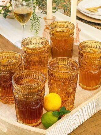 Vintage Textured Amber Striped Drinking Glasses Set of 24, (13 oz) Ribbed Glassware with Flower Design | Cocktail Set, Juice Glass, Water Tumbler