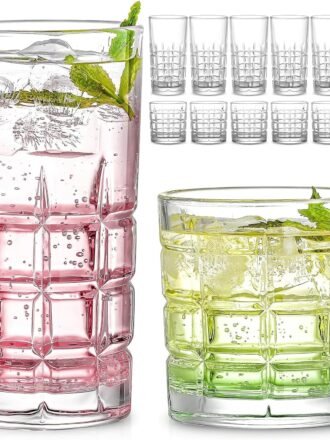 Bulk Drinking Glasses Set of 12, Clear Glass Cups, Mixed Glassware Sets, 15 OZ Large Highball Water Glasses & 11 OZ Rock Glasses, Tumbler Drinkware Kitchen for Cocktail Iced Coffee Beer Tea Whiskey