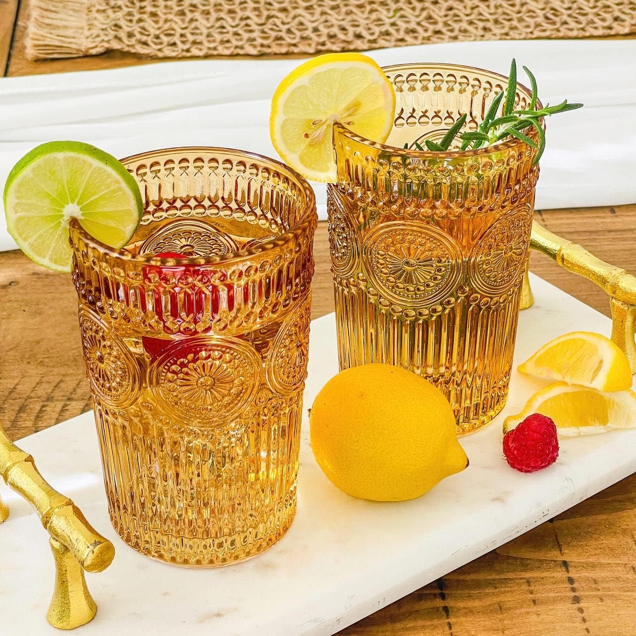 Vintage Textured Amber Striped Drinking Glasses Set of 24, (13 oz) Ribbed Glassware with Flower Design | Cocktail Set, Juice Glass, Water Tumbler - Image 2