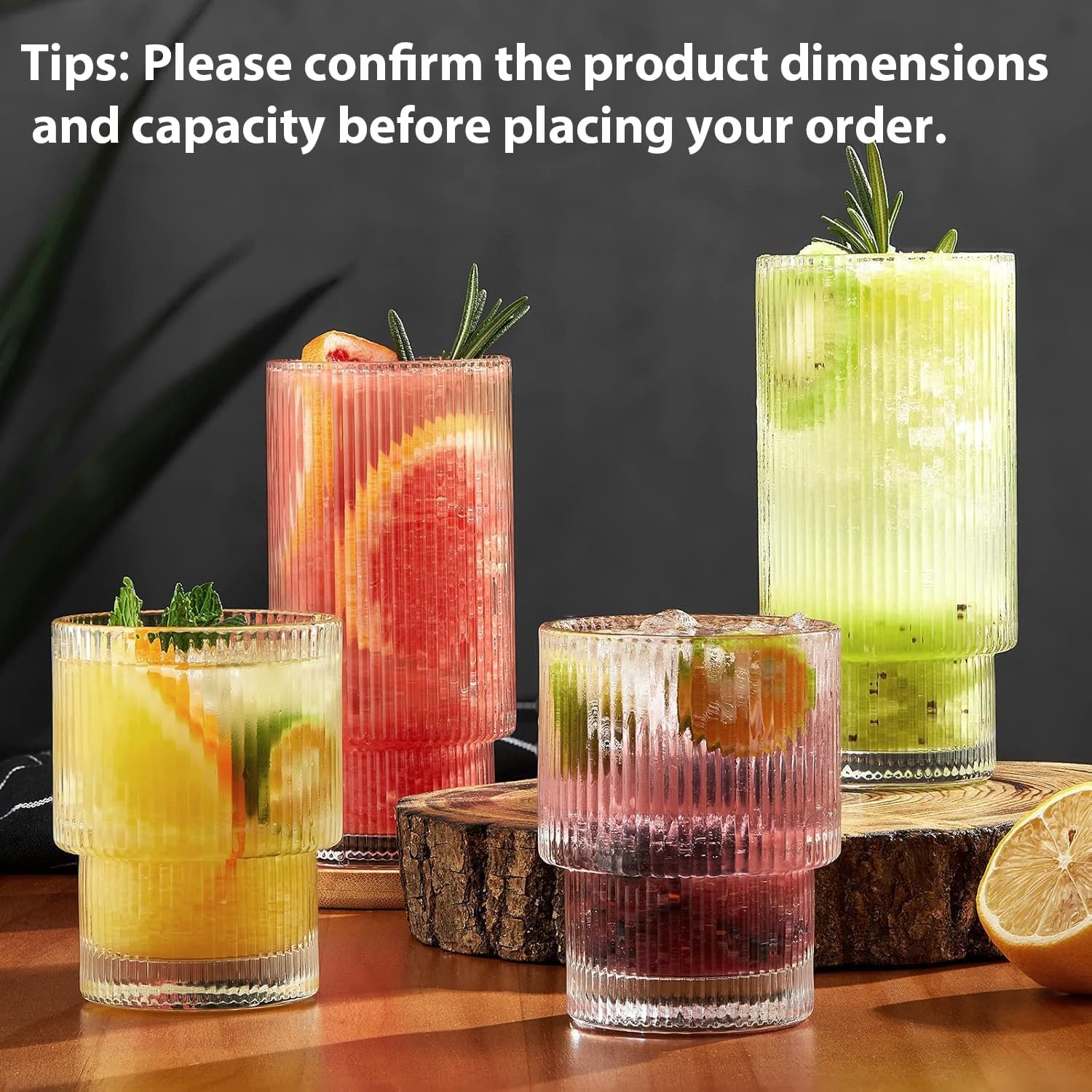 Small 8 Pack Drinking Glasses, 4pcs Highball Glasses (11oz) & 4pcs Rocks Glasses (6oz), Vintage Glass Cups, Elegant Ribbed Glassware, Iced Coffee Glasses, Glass Tumbler for Cocktail, Whiskey, Juice - Image 2