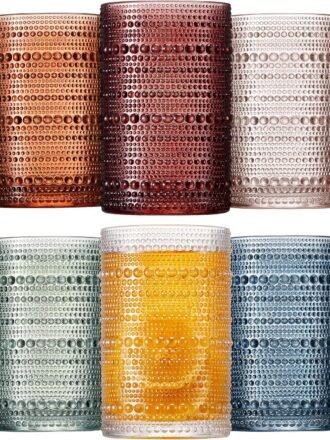 Colored  Drinking Glasses Set of 6, 12oz Vintage Kitchen Glassware, Embossed Beed Glass Cups, Water Glasses, Beed Colorful Water Tumbler for Cocktail, Juice and Various Mixed Drinks