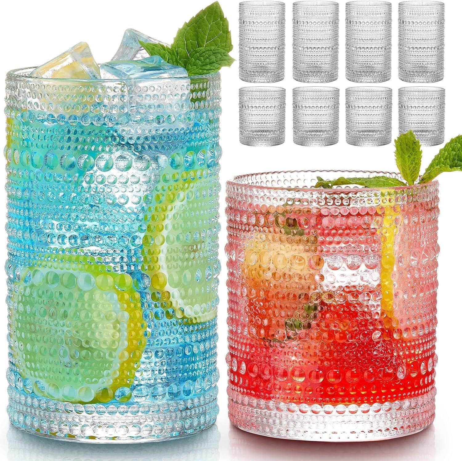 Vintage Drinking Glasses Set of 8, 12 oz Highball Glasses & 10 oz Cocktail Glasses Set, Kitchen Water Glasses Cup, Bar Tumbler Glassware Set for Beer, Juice, Cocktail, Whiskey, Milk